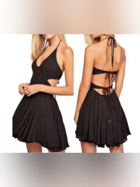 🖤 Free People Black Halter Cutout Dress Tassel Tie Open Back Mini S 🖤